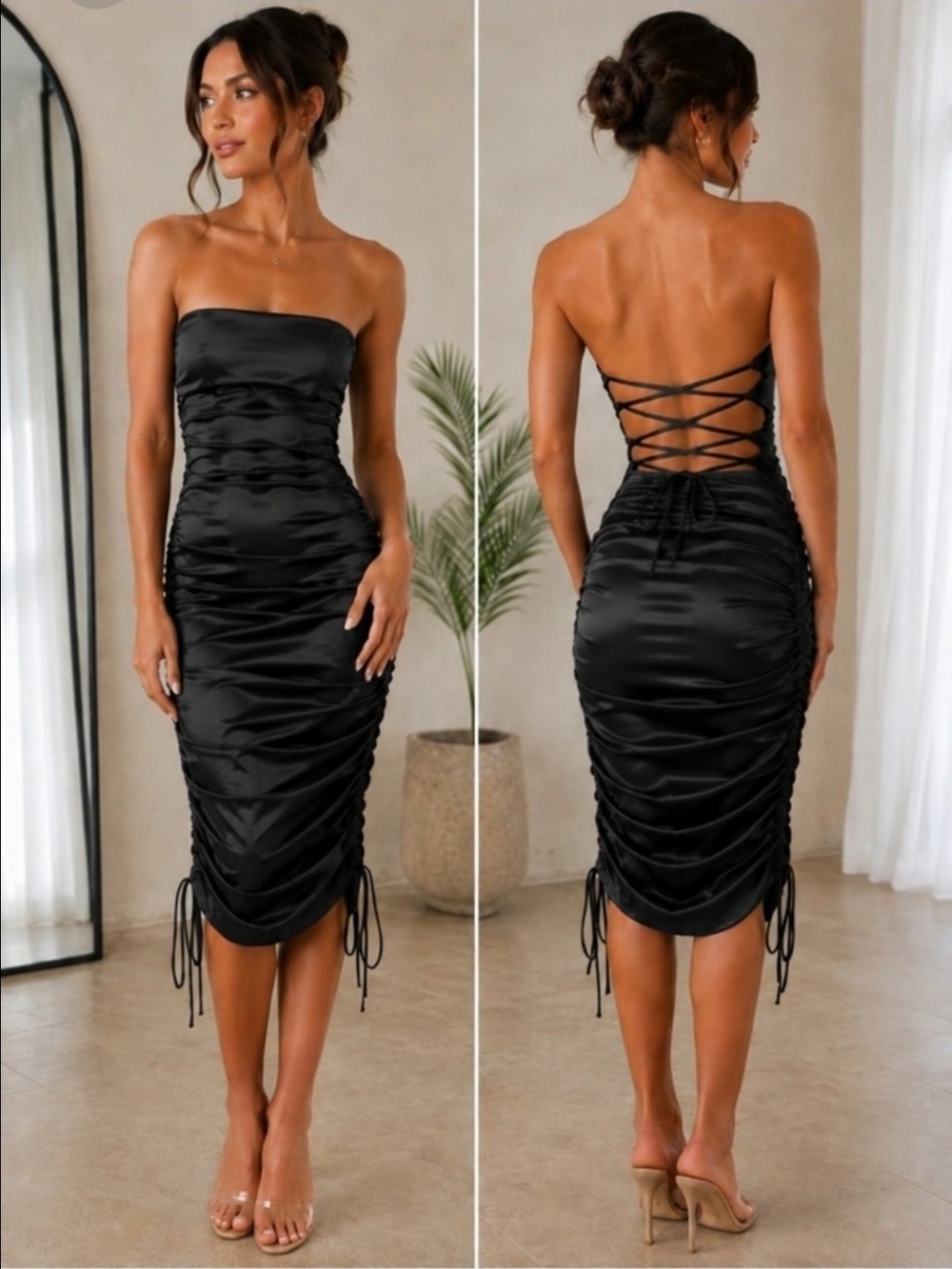 Black Strapless Satin Ruched Midi Dress with Lace-Up Back